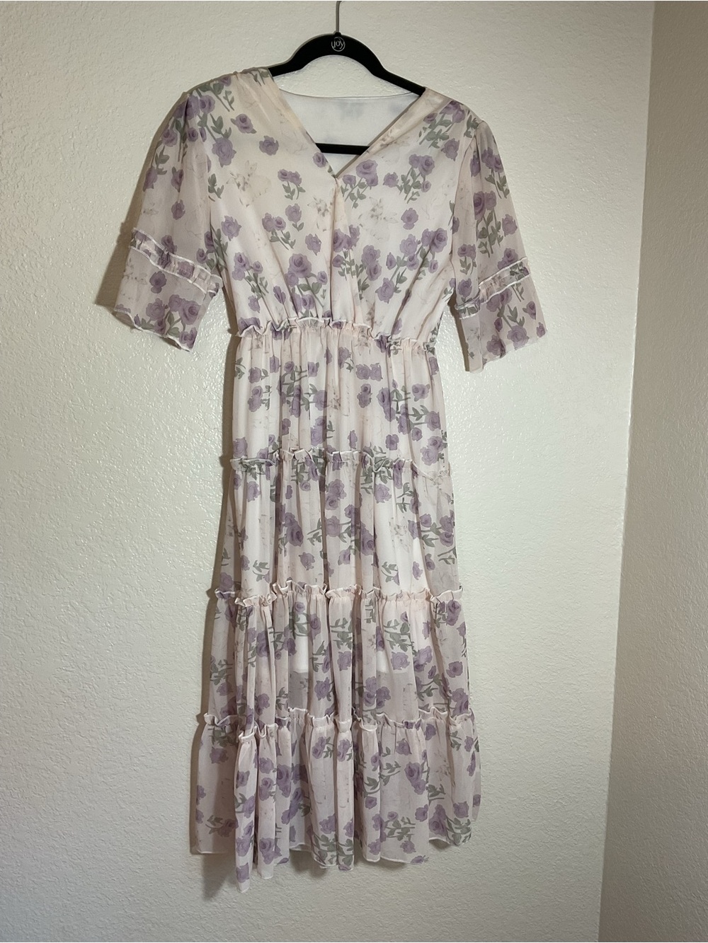OK Lavender Floral Tiered Midi Dress Sheer Sleeve V-Neck Size Small